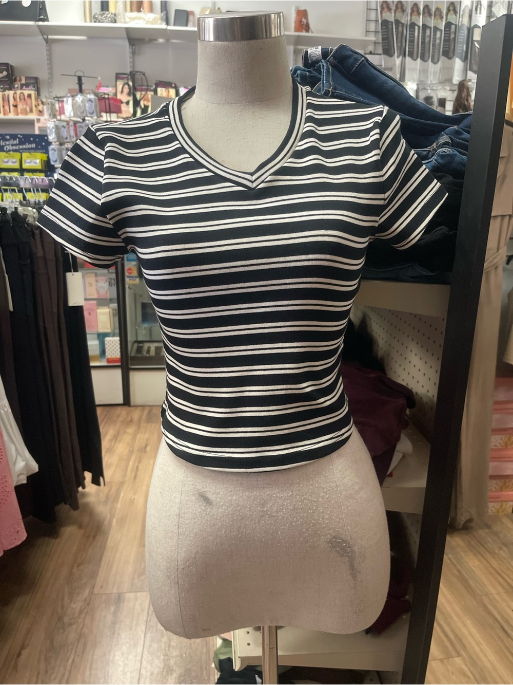 Classic Black & White Striped V-Neck  crop  Top